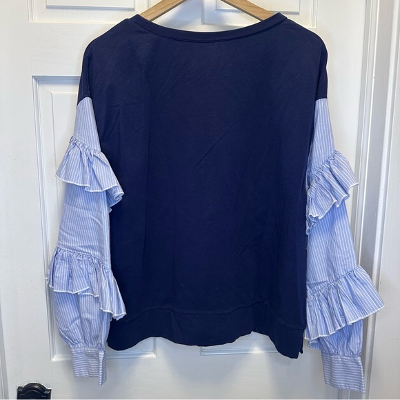 Halogen Dark Blue Sweatshirt with Striped Ruffle Sleeves - Picture 2 of 9